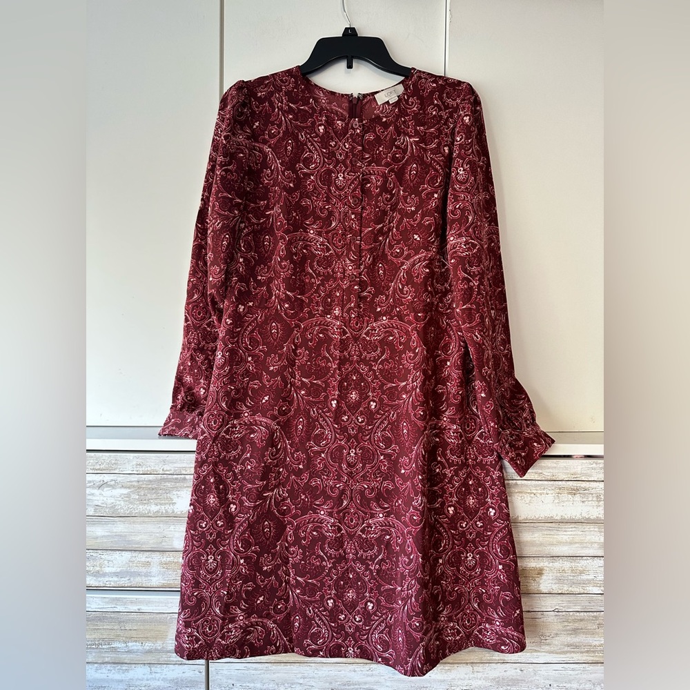 🍷 LOFT Maroon Paisley Long Sleeve Shift Dress Size 10 Stretch